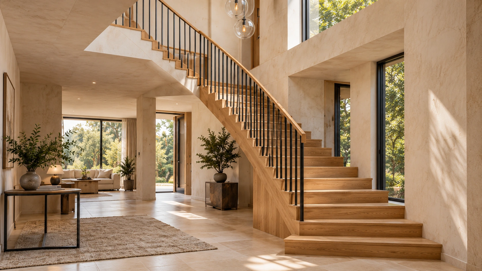 Escalier en chêne et garde-corps en métal dans un intérieur lumineux